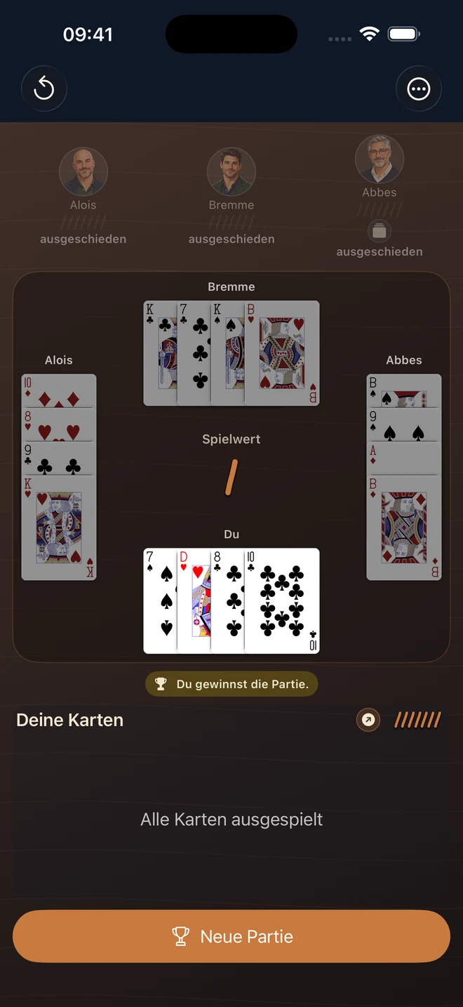 Gewonnene Partie mit allen ausgespielten Karten am Tisch und der Meldung: Du gewinnst die Partie.